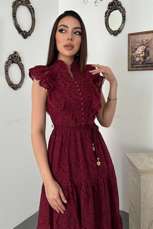 Bordo Fırfırlı Düğmeli Elbise