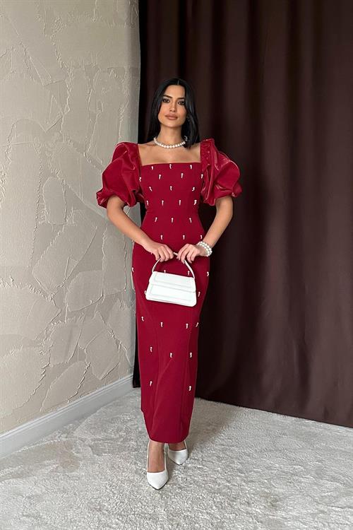 Toptan Bordo İşlemeli Kolu Garnili Elbise