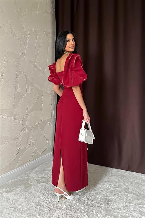 Toptan Bordo İşlemeli Kolu Garnili Elbise