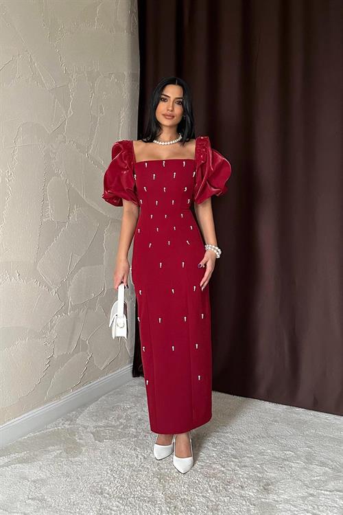 Toptan Bordo İşlemeli Kolu Garnili Elbise