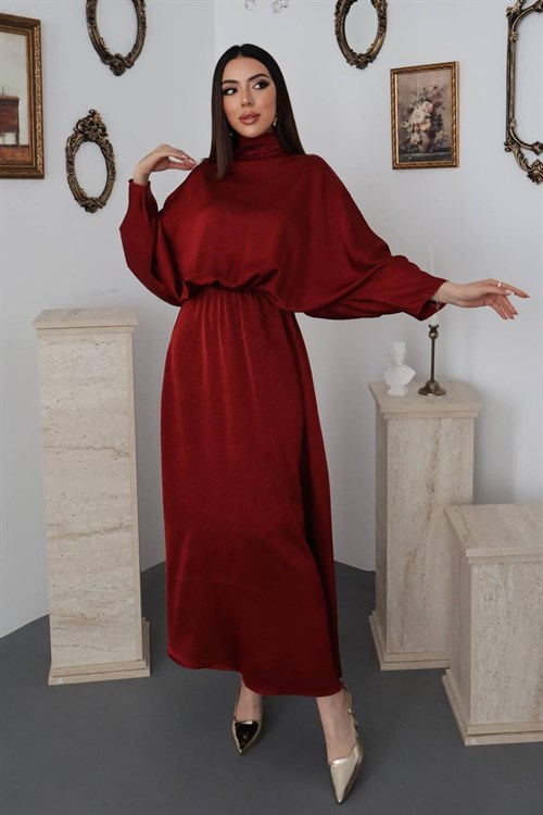 Bordo Jakarlı Saten Elbise