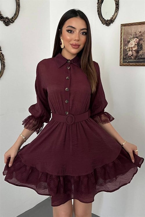 Bordo Önü Patlı Dantelli Elbise