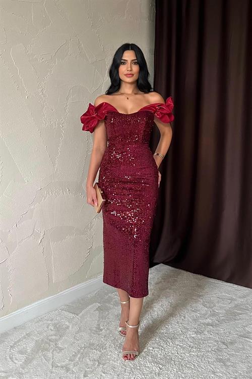 Wholesale Burgundy Off-Shoulder Sequin Dress