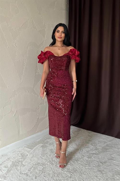 Wholesale Burgundy Off-Shoulder Sequin Dress