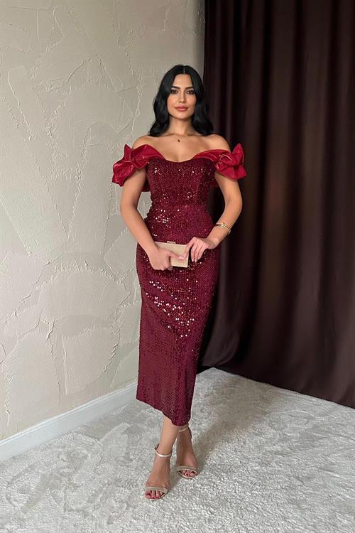 Wholesale Burgundy Off-Shoulder Sequin Dress