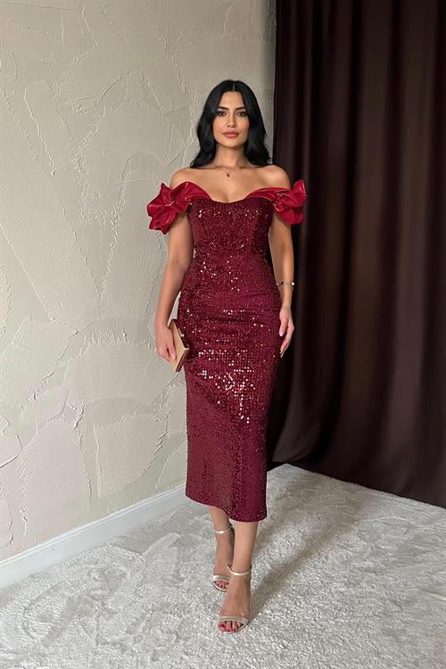 Wholesale Burgundy Off-Shoulder Sequin Dress