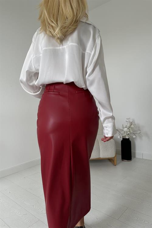 Wholesale Burgundy Leather Skirt with Front Slit