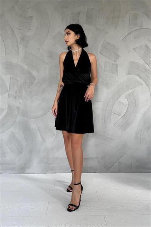 Toptan Siyah Boyundan Geçmeli Elbise