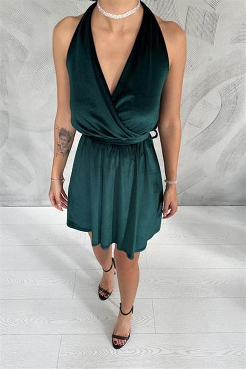 Toptan Zümrüt Boyundan Geçmeli Elbise