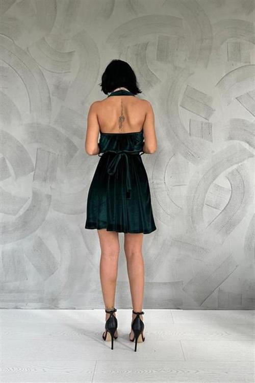 Toptan Zümrüt Boyundan Geçmeli Elbise