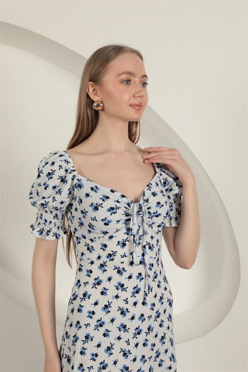 Bürümcük Crisp Flower Pattern Dress-Sax