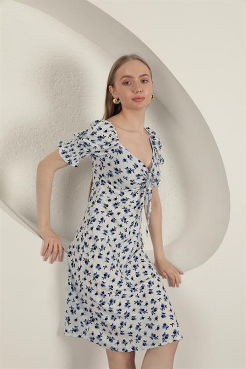 Bürümcük Crisp Flower Pattern Dress-Sax