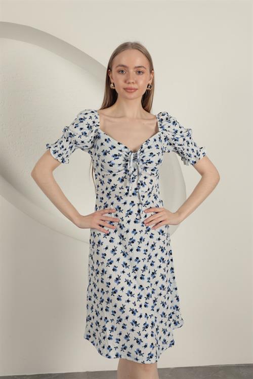 Bürümcük Crisp Flower Pattern Dress-Sax