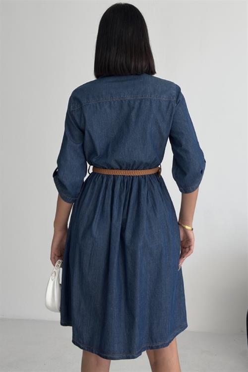 Büzgü Detaylı Kısa Kot Elbise 3040-15-(S-XL)