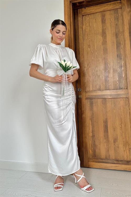 Wholesale Ecru Shirred Satin Dress