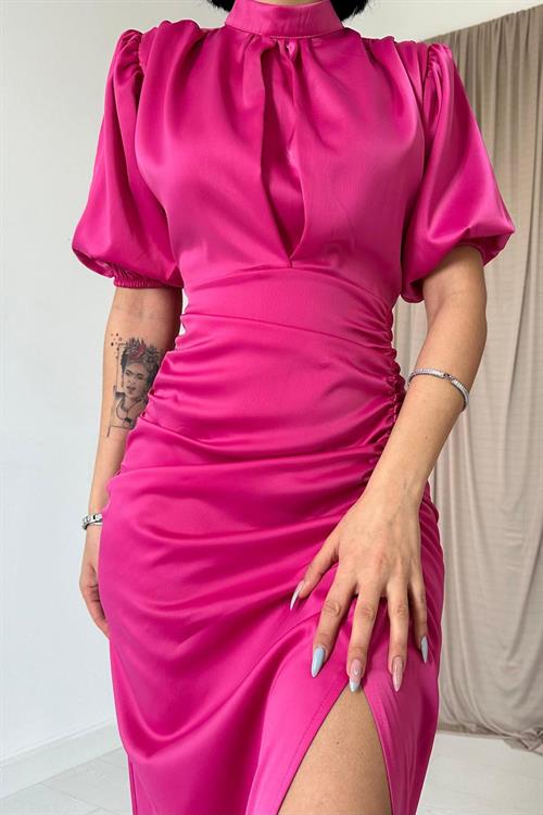 Wholesale Fuchsia Shirred Satin Dress