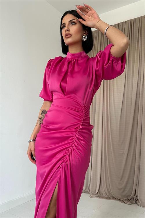 Wholesale Fuchsia Shirred Satin Dress