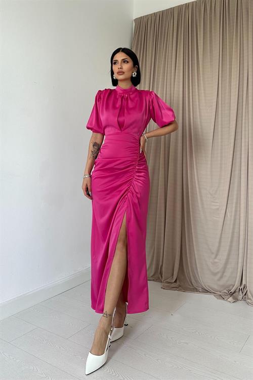 Wholesale Fuchsia Shirred Satin Dress