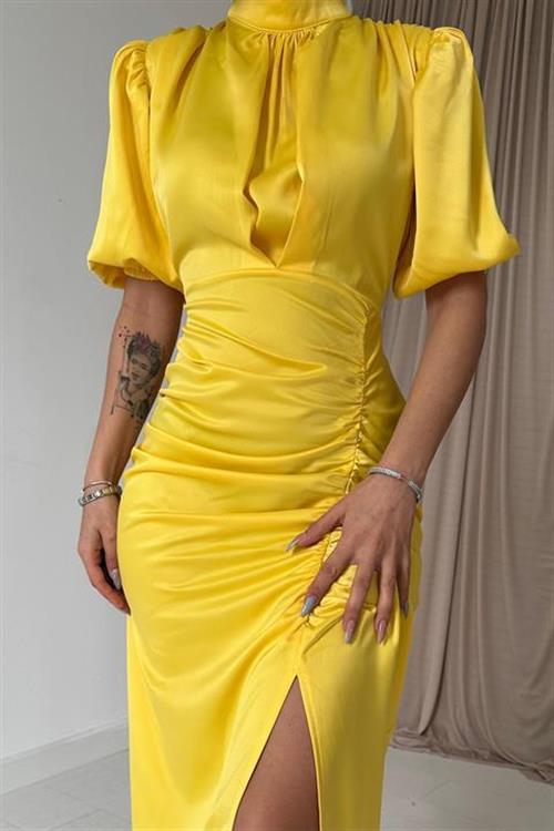Wholesale Yellow Shirred Satin Dress