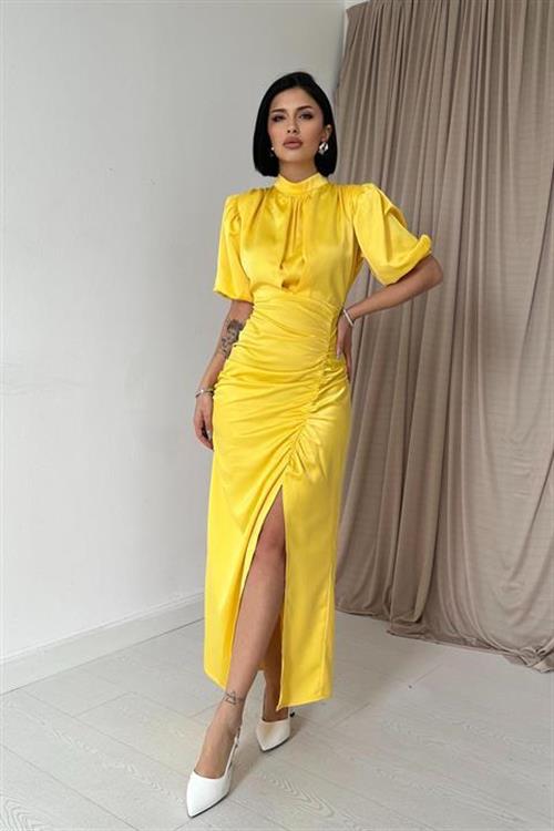 Wholesale Yellow Shirred Satin Dress