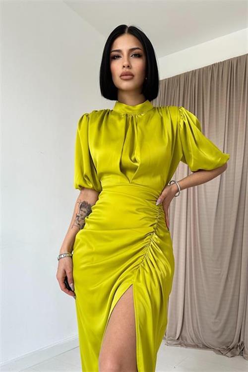Wholesale Oil Green Shirred Satin Dress