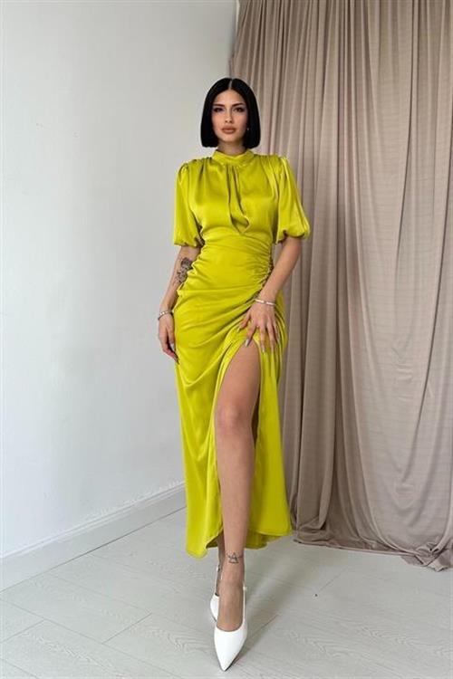 Wholesale Oil Green Shirred Satin Dress