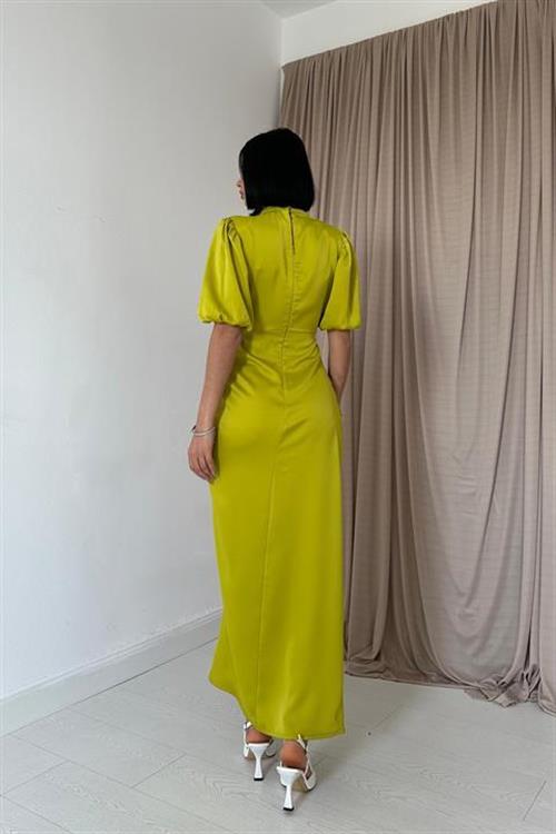 Wholesale Oil Green Shirred Satin Dress
