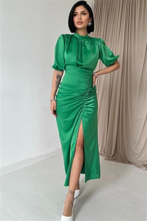 Wholesale Green Shirred Satin Dress