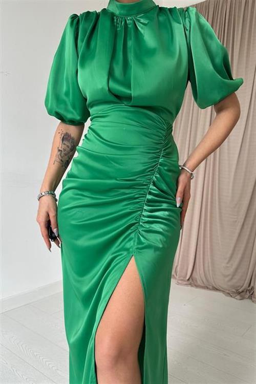 Wholesale Green Shirred Satin Dress