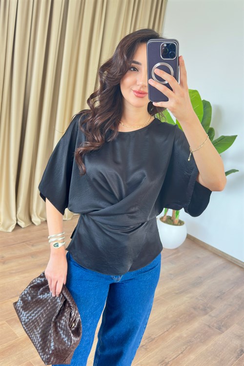 Çapraz Bağlamalı Siyah Toptan Bluz