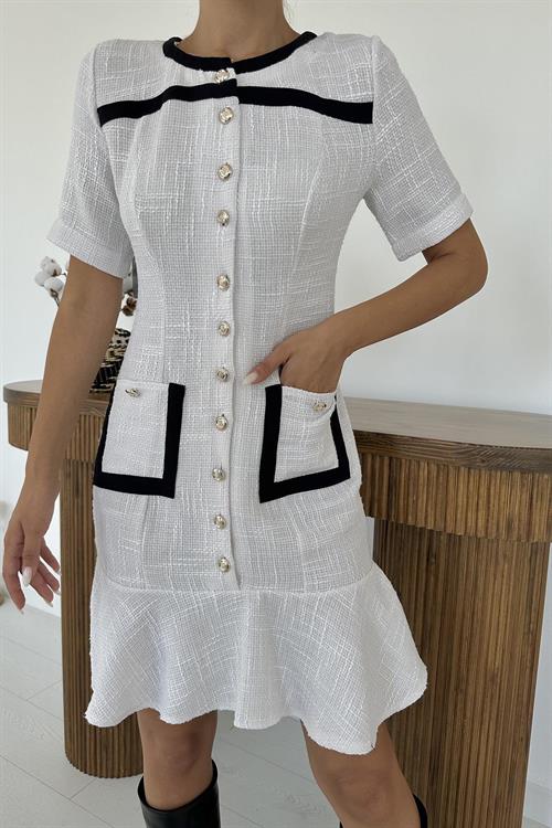 Wholesale White Button-Up Dress with Patch Pockets