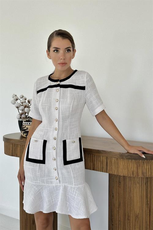 Wholesale White Button-Up Dress with Patch Pockets
