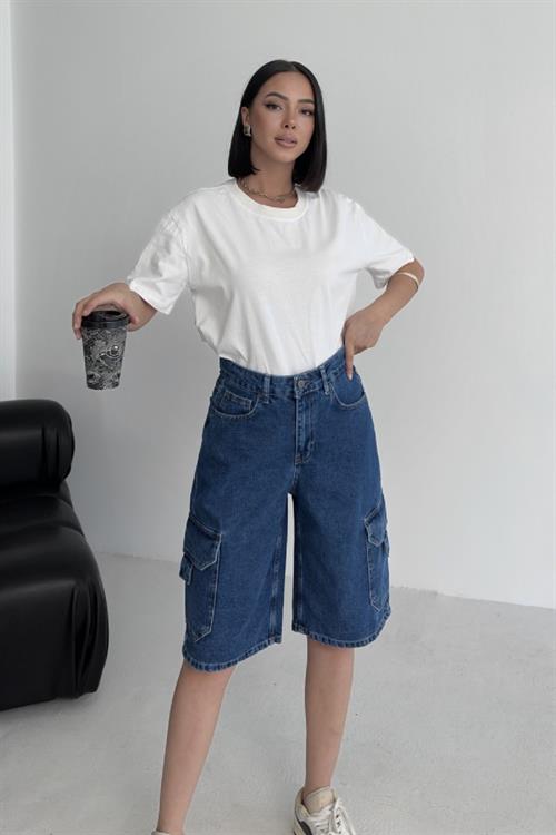 Cep Detaylı Orta Boy Kot Şort 2026-26-(36-42-6)