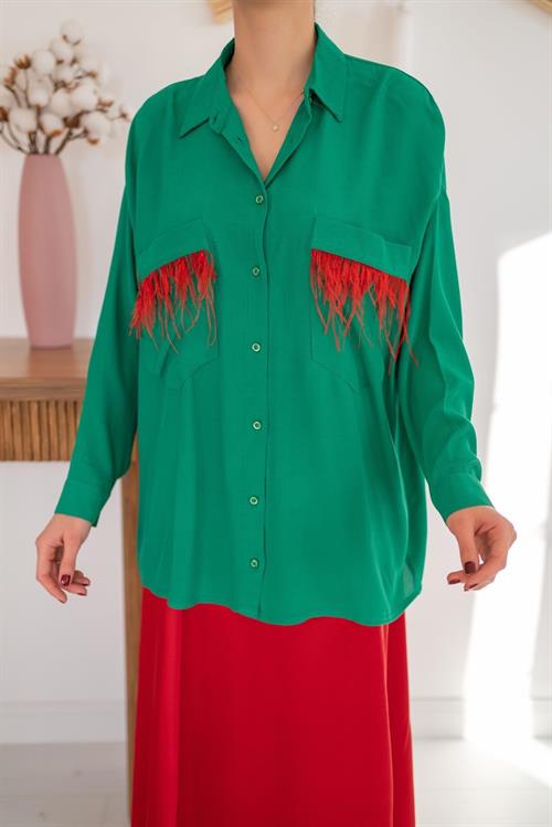 Wholesale Tasselled Shirt with Pockets - Green