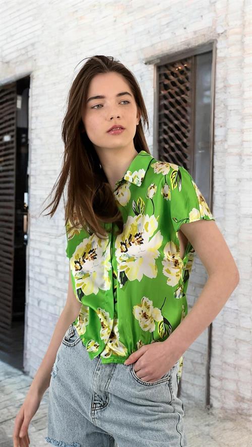 Floral Patterned Short Sleeve Blouse with Tie Detail - Three Color Options