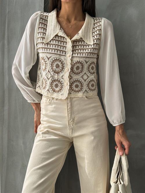 Floral Patterned Short Wholesale Cardigan | F0025 - Stone Brown