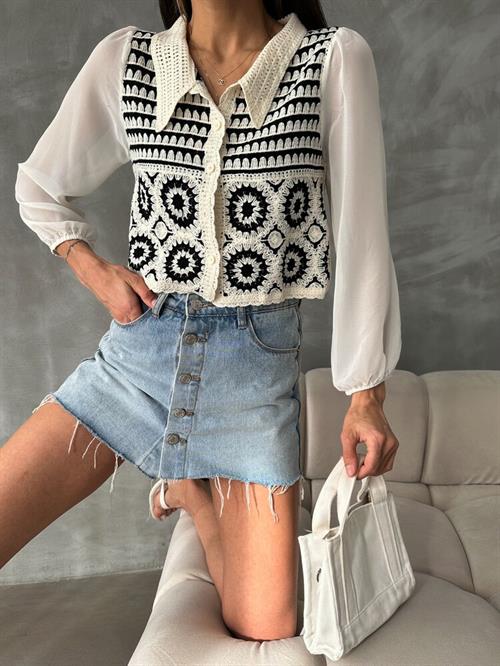 Çiçek Desenli Kısa Toptan Hırka | F0025 - Taş Siyah