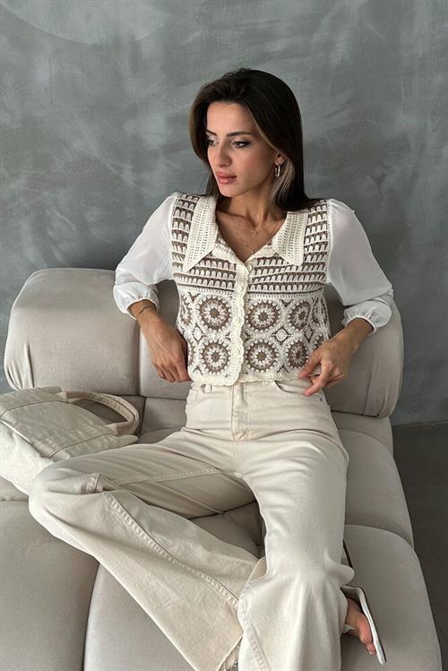 Floral Patterned Short Wholesale Cardigan | F0025 - Stone Brown