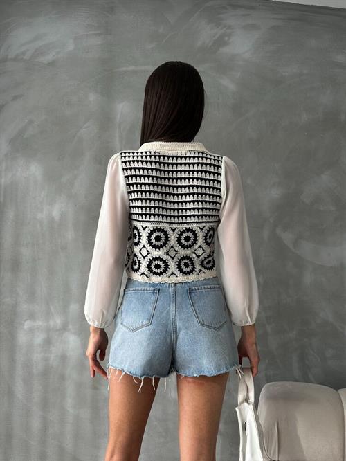 Çiçek Desenli Kısa Toptan Hırka | F0025 - Taş Siyah