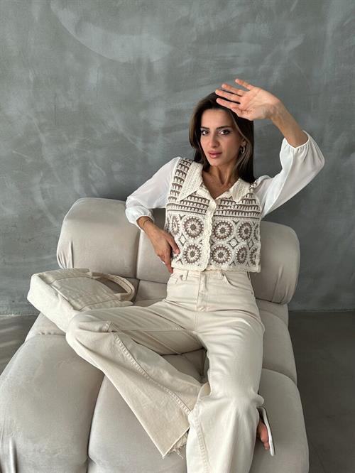 Floral Patterned Short Wholesale Cardigan | F0025 - Stone Brown