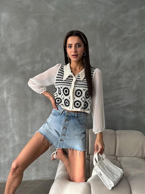 Çiçek Desenli Kısa Toptan Hırka | F0025 - Taş Siyah