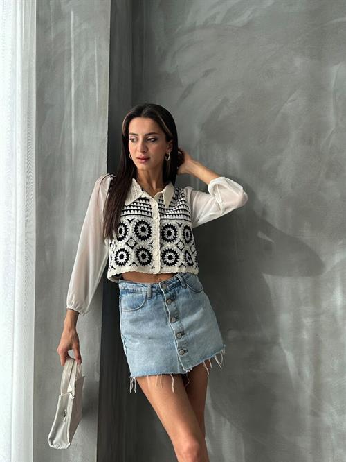 Çiçek Desenli Kısa Toptan Hırka | F0025 - Taş Siyah