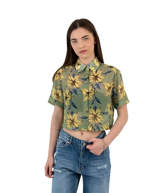 Floral Patterned Transparent Short Sleeve Blouse