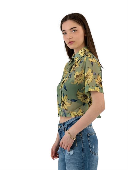 Floral Patterned Transparent Short Sleeve Blouse