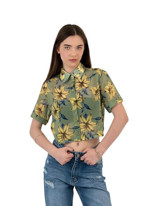 Floral Patterned Transparent Short Sleeve Blouse
