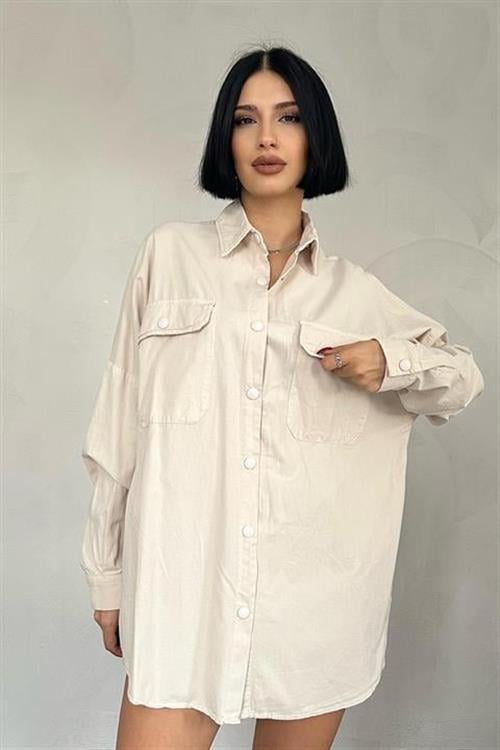 Wholesale Beige Snap-Up Shirt with Double Flap Pockets
