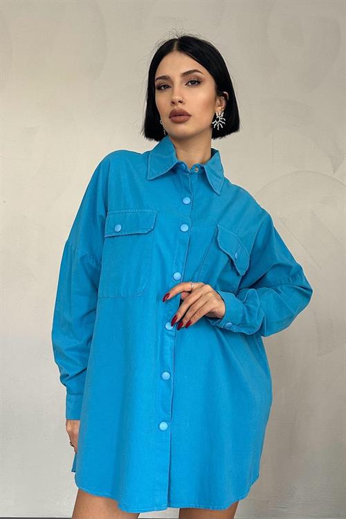 Wholesale Blue Snap-Up Shirt with Double Flap Pockets
