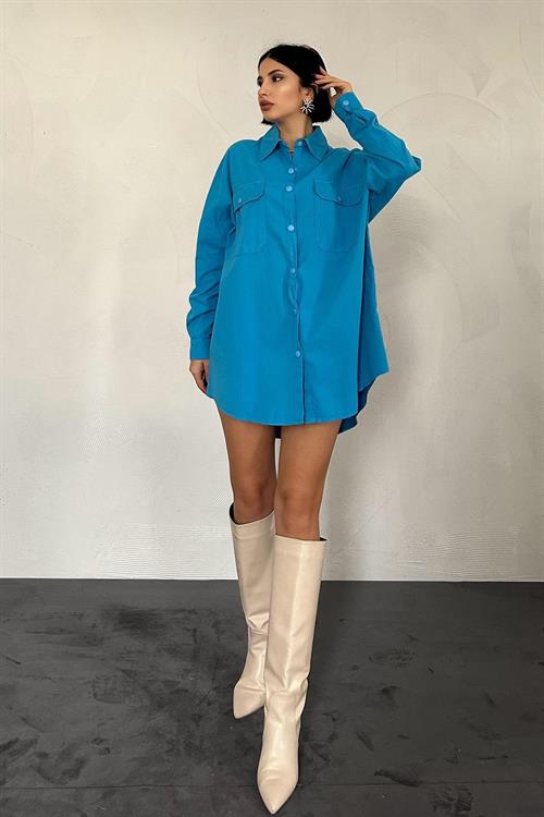 Wholesale Blue Snap-Up Shirt with Double Flap Pockets