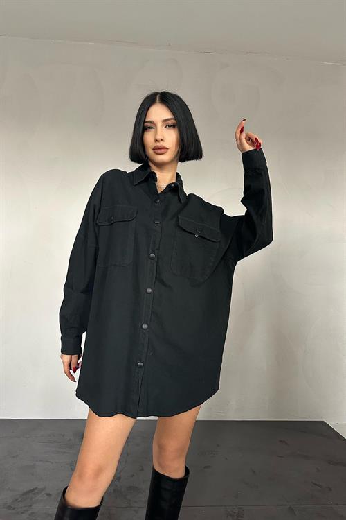 Wholesale Black Snap-Up Shirt with Double Flap Pockets