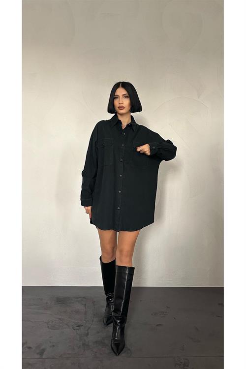 Wholesale Black Snap-Up Shirt with Double Flap Pockets